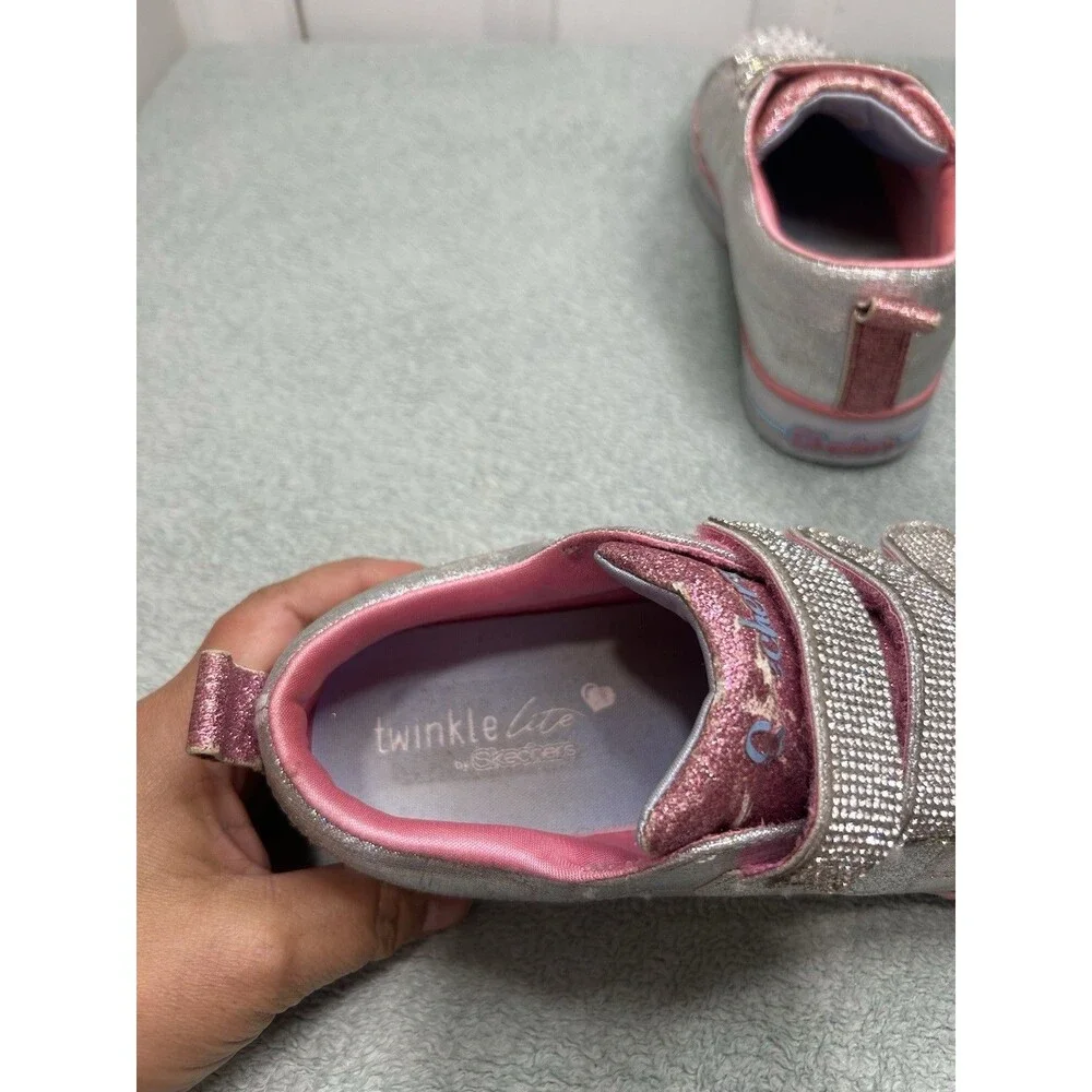 Skechers Twinkle Toes Girls Silver Pink Rhinestone Sneakers Size 4.5